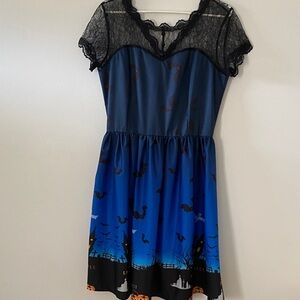 Blue Ombre Lace-Yoke Midi Dress with Halloween Motif